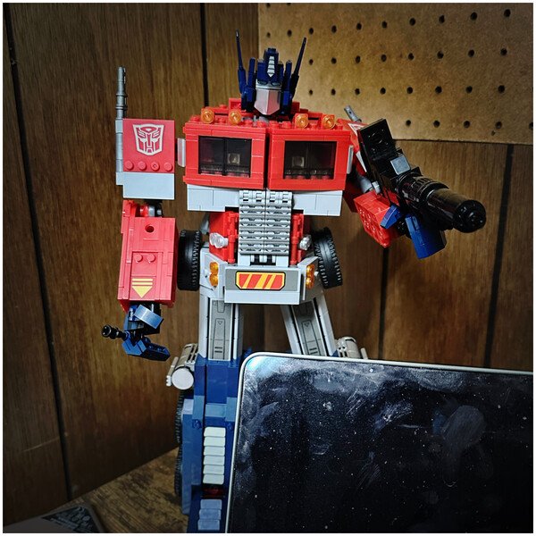 Lego Optimus Prime, watching over my desk. 