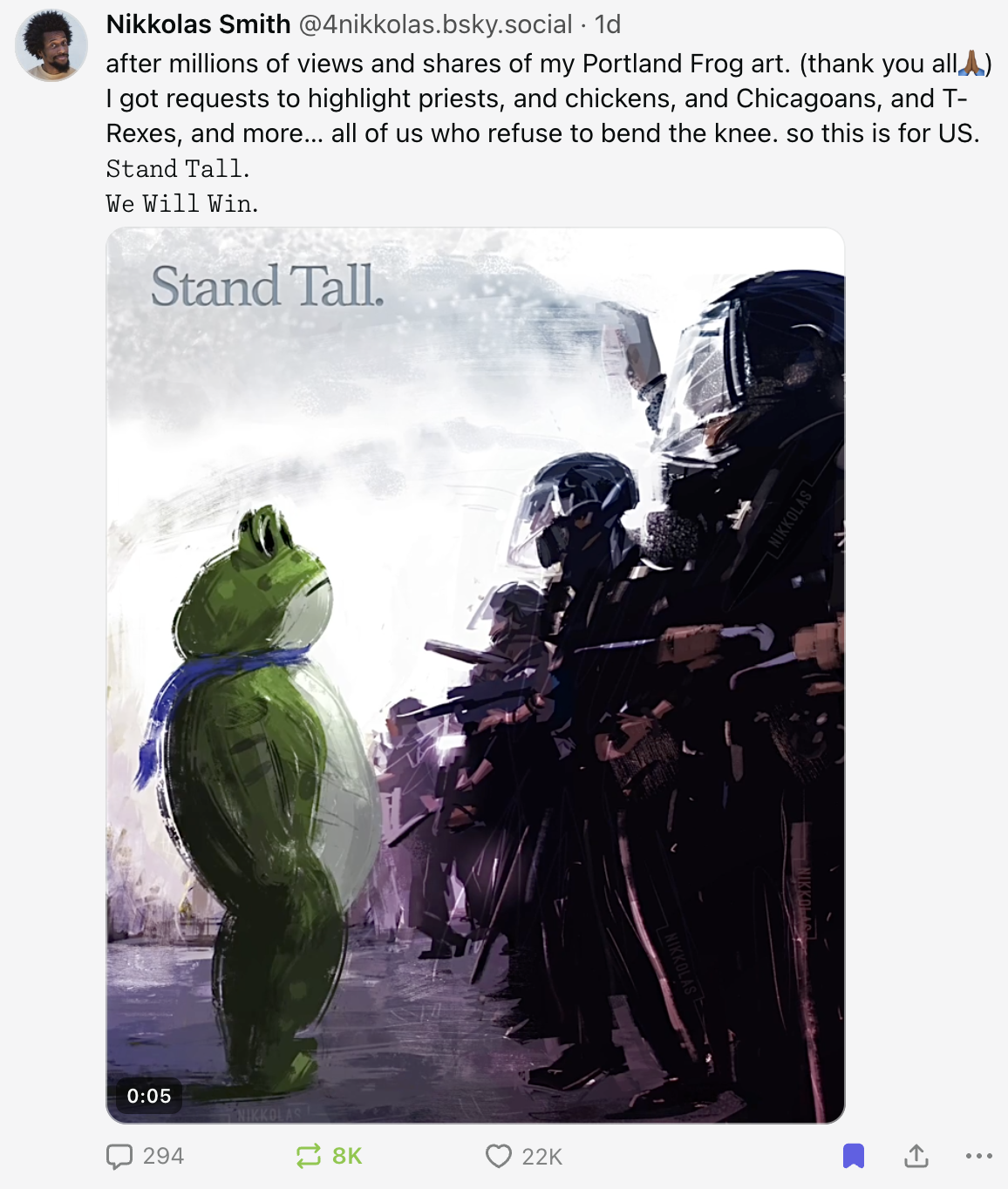 Social Media image from Blacksky of a drawing by Nikkolas Smith of Frog facing down ICE