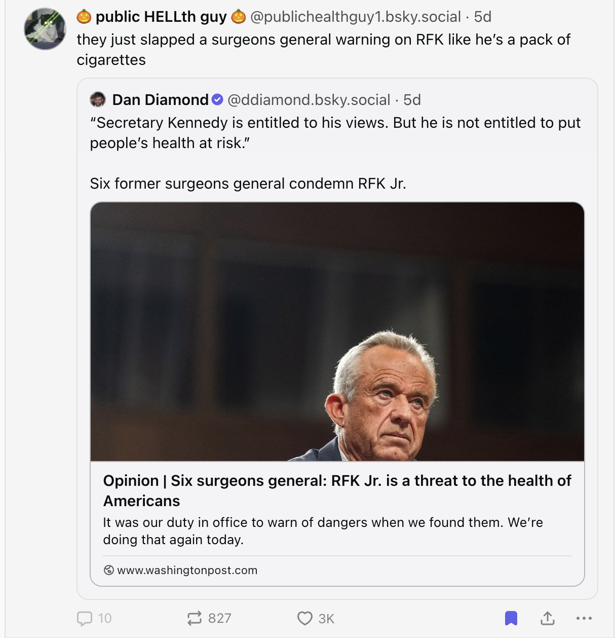 Blacksky post talking about former surgeon generals slapping a warning label on RFK jr