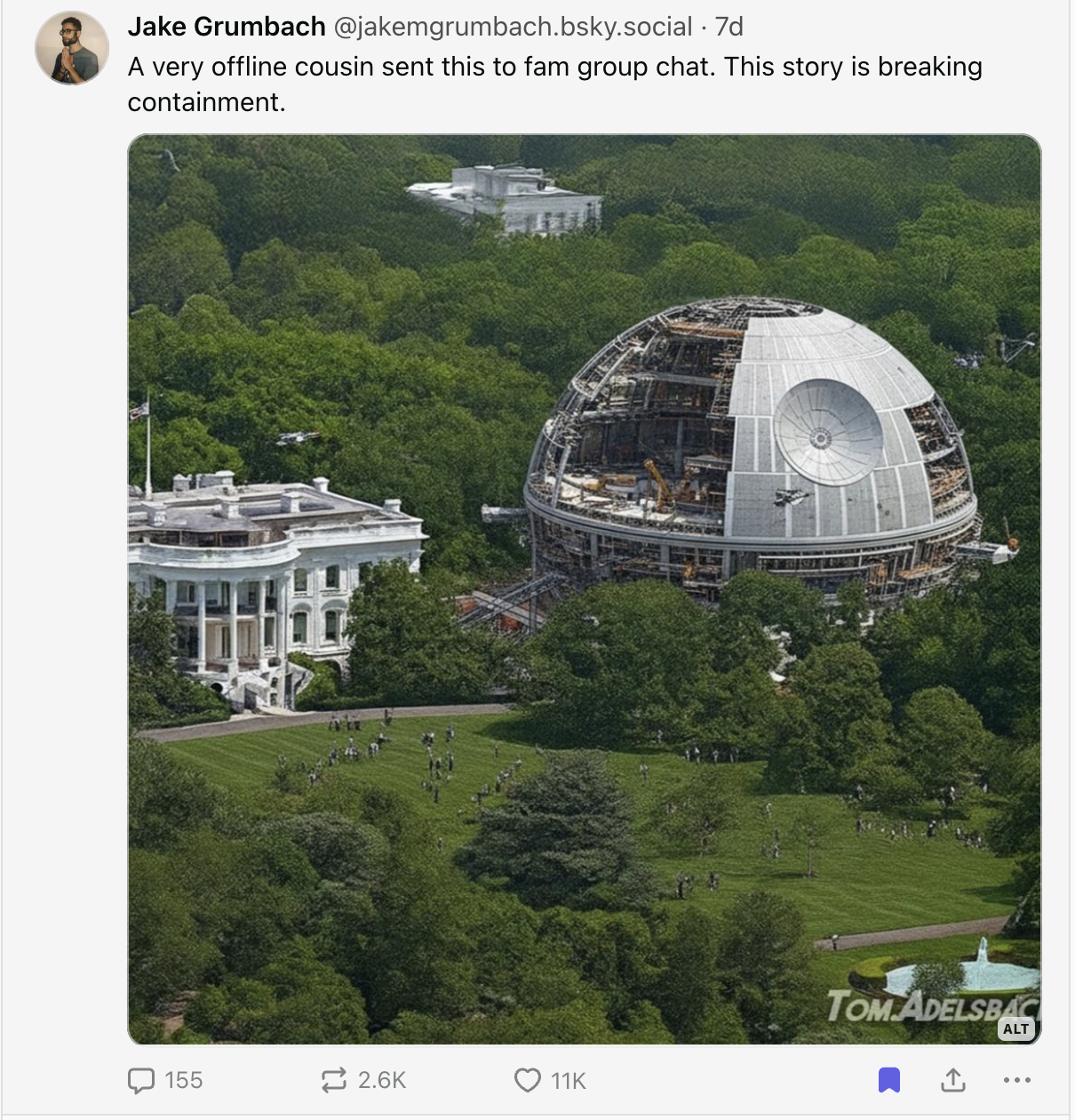 Social media image of the White house with the death star being constructed next to it.