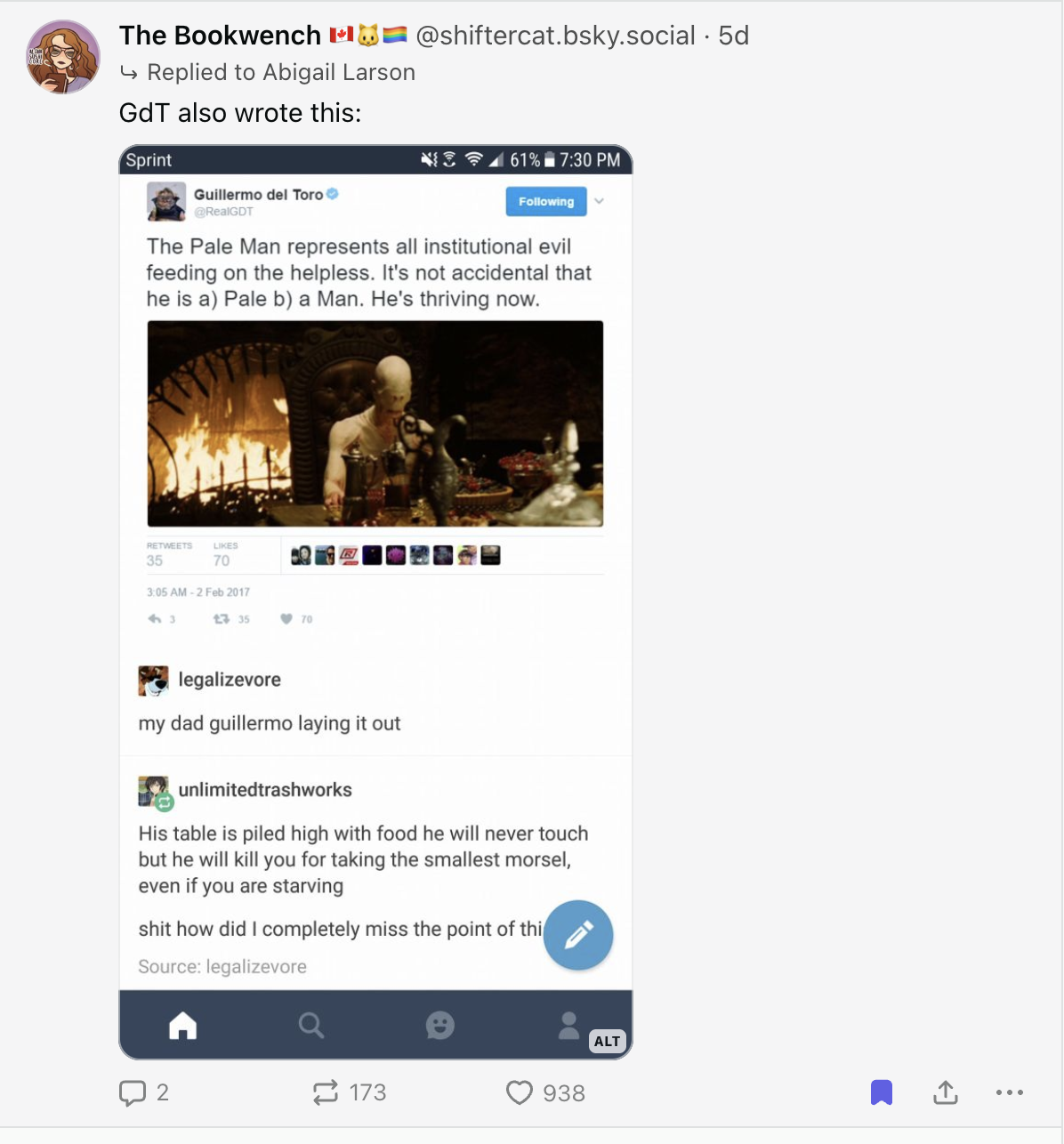 Repost of Guillermo del Toro talking about the Pale Man of Pan's Labrinth representing the evils of institutions.