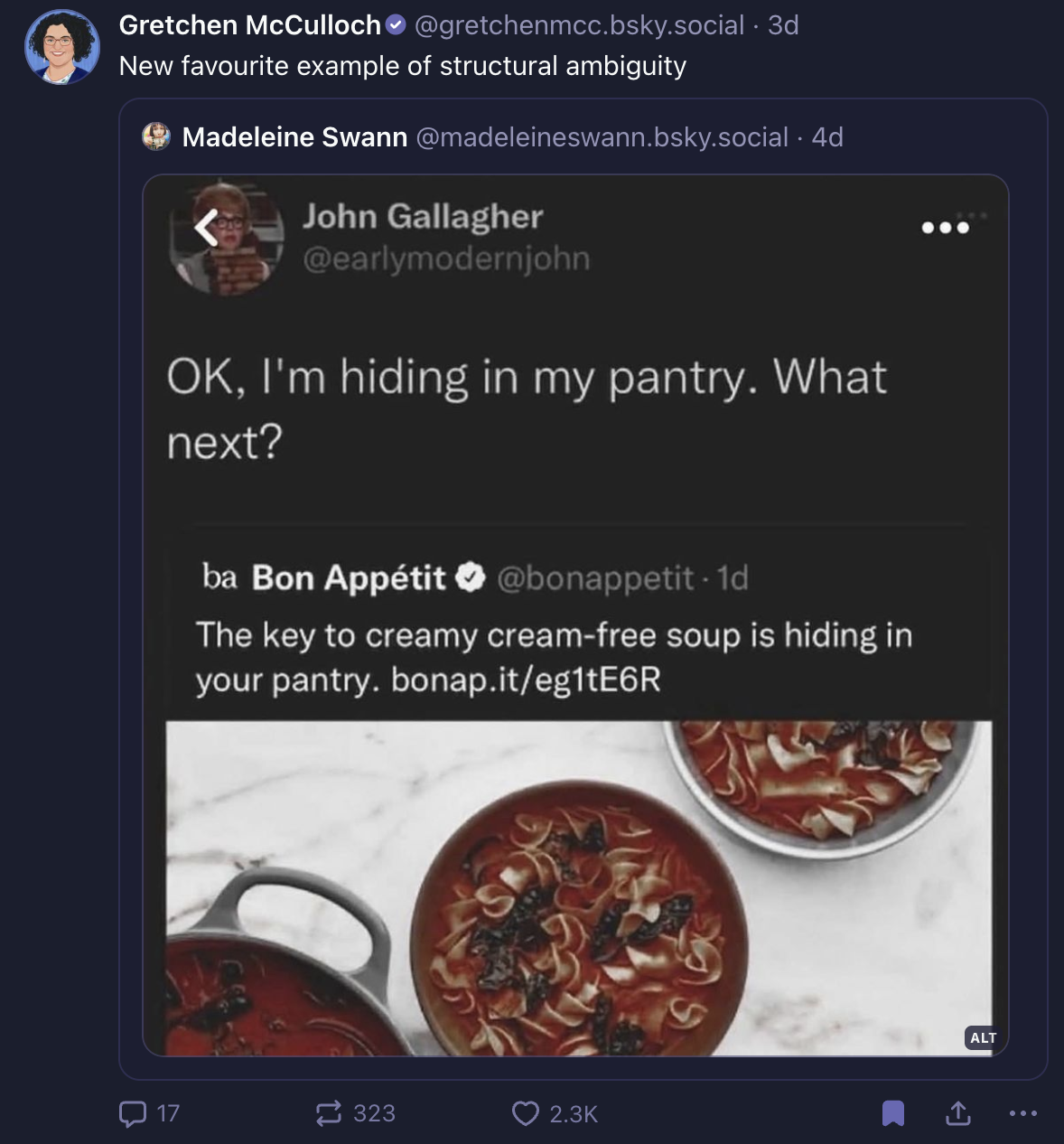 A joke on social media where a Bon Appetit recipe post says the key to a good soup is hiding in your pantry and someone responded "I'm hiding what's next?"