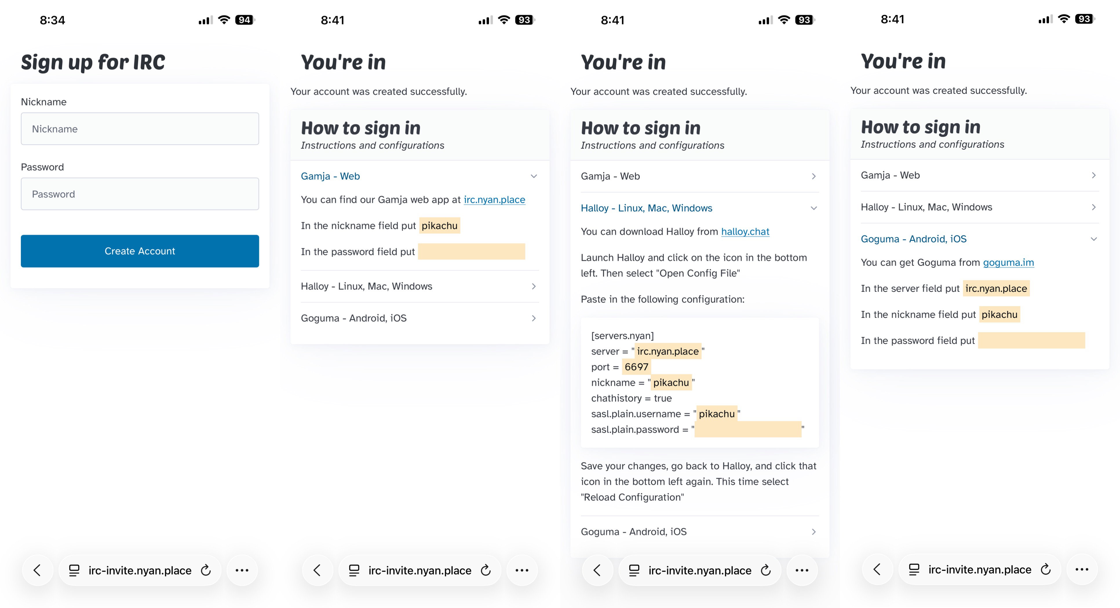 Four screens of the Ergo Signup app: register and how to login instructions for Gamja, Halloy, and Goguma