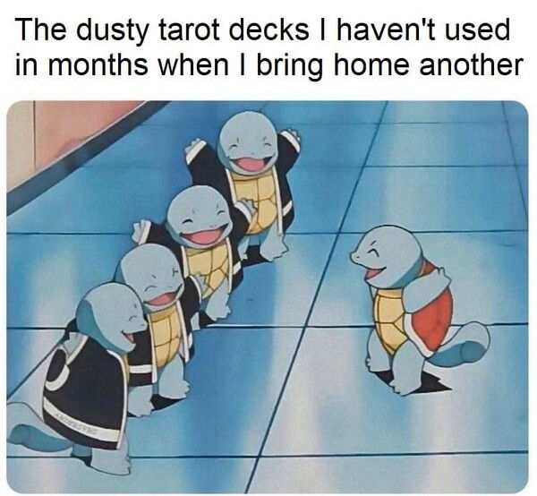 A meme showing a scene from the Pokémon anime where several Squirtles in matching outfits happily greet another Squirtle. The caption reads: “The dusty tarot decks I haven’t used in months when I bring home another.” The humor comes from comparing unused tarot decks to the excited Squirtles welcoming a new one.