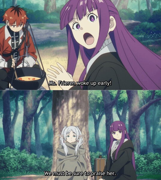 A two-panel anime scene set in a forest. In the first panel, Stark sits near a campfire cooking pot, while Fern excitedly points and exclaims, “Ms. Frieren woke up early!” In the second panel, Frieren is wrapped in a blanket sits against a tree looking calm and sleepy, while Fern stands nearby saying, “We must be sure to praise her.” The moment highlights the party’s amusement over Frieren waking up earlier than usual.