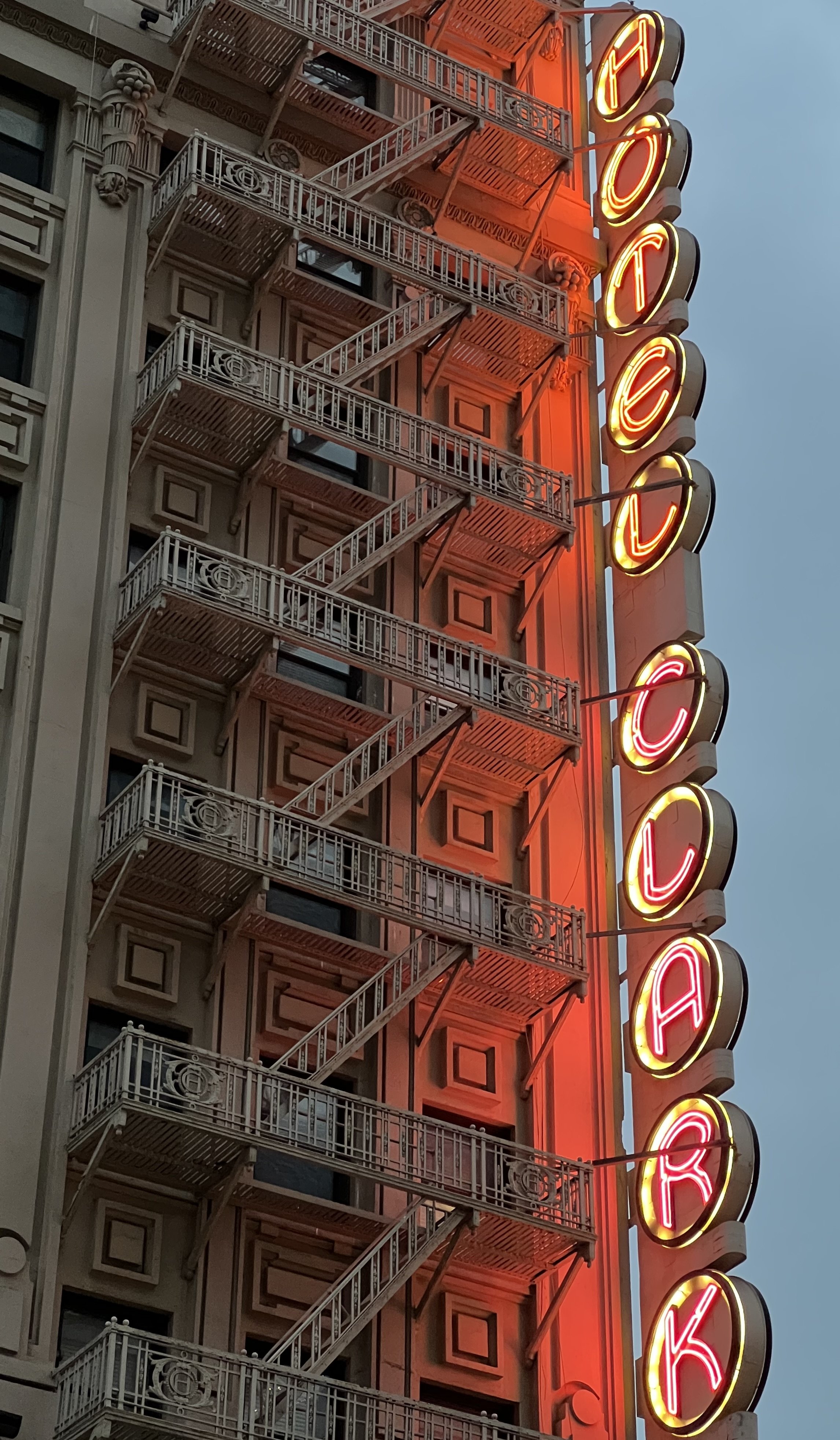 1930's era 'blade' style neon sign on the Hotel Clark in downtown Los Angeles. 