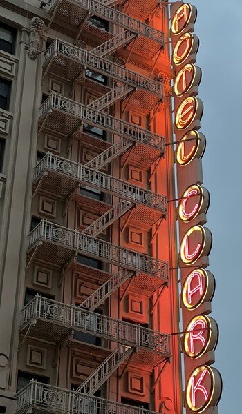 1930's era 'blade' style neon sign on the Hotel Clark in downtown Los Angeles. 
