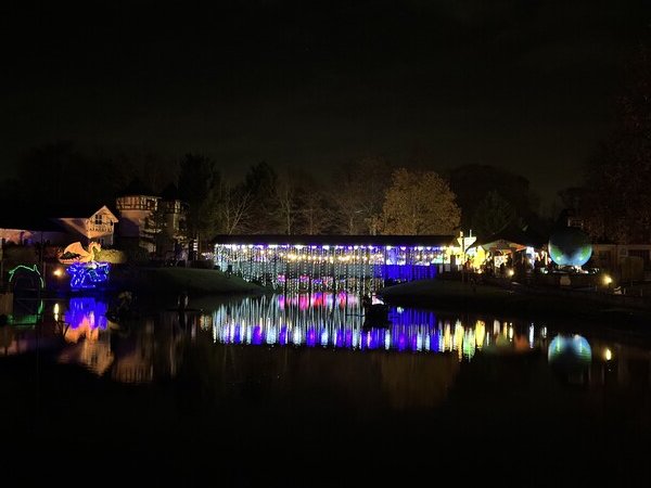 Christmas lights display reflecting off the water.
