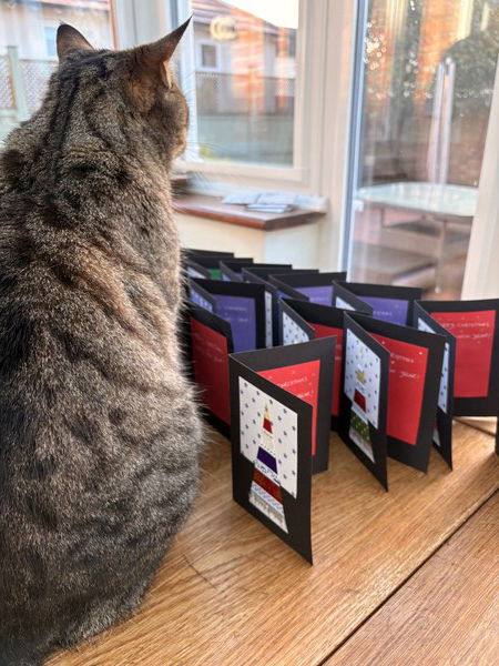 Finished cards being quality tested by the cat.