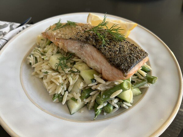 Salmon with Orzo, Green Bean, and Cucumber Salad