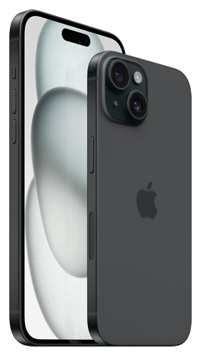 iPhone 15 dressed in black, from the Apple website. 