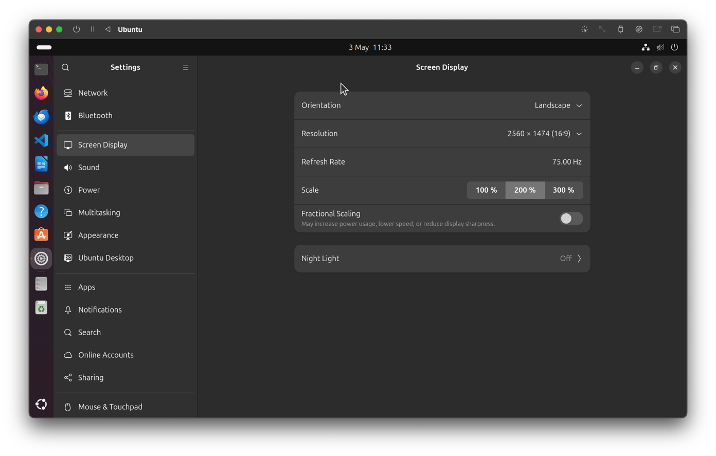 A screenshot of the Ubuntu Settings app, on the Screen Display settings. They are set to:
Orientation: Landscape
Resolution: 2560 x 1474 (16:9)
Refresh Rate: 75.00 Hz
Scale: 200%
Fractional Scaling: Off