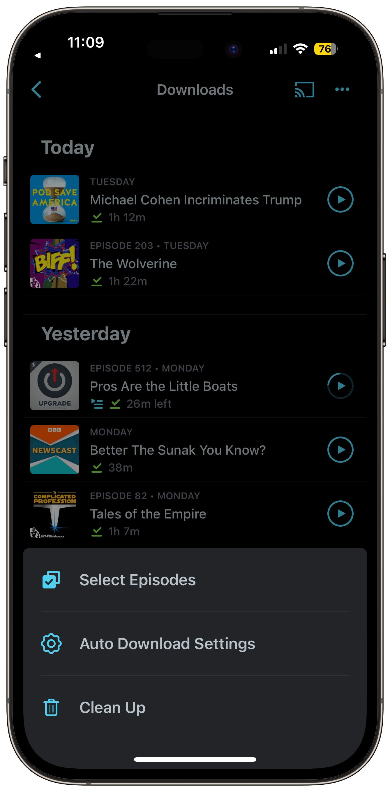 A screenshot of Pocket Casts auto download settings. 