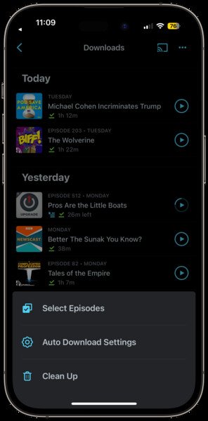 A screenshot of Pocket Casts auto download settings. 
