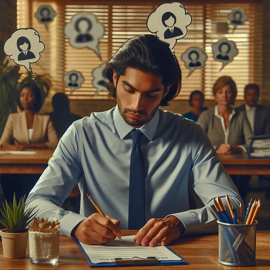 DALL-E image created with this prompt. Create an image of an employee filling out an employment survey knowing that they won't be listened to.
