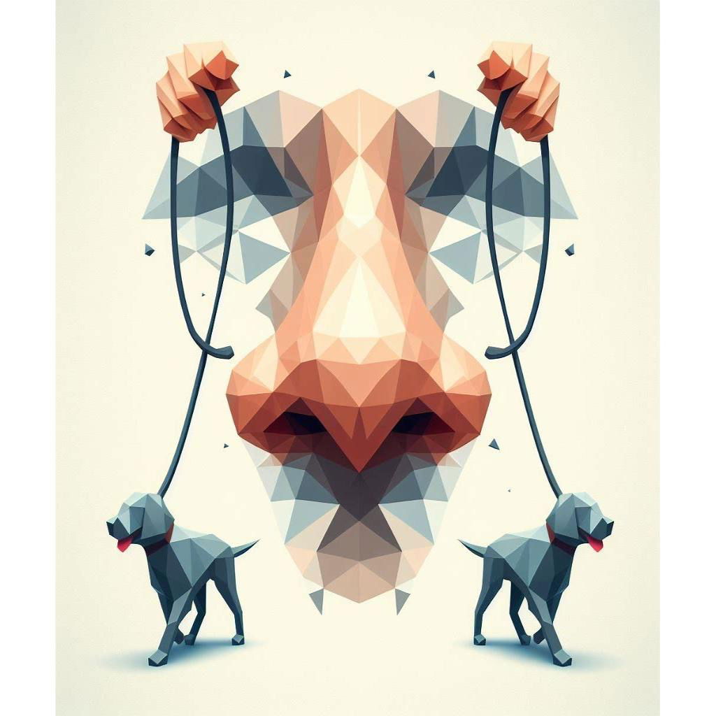 Another DALL-E image created with Copilot. This is of a nose walking two dogs. Pixelated. 