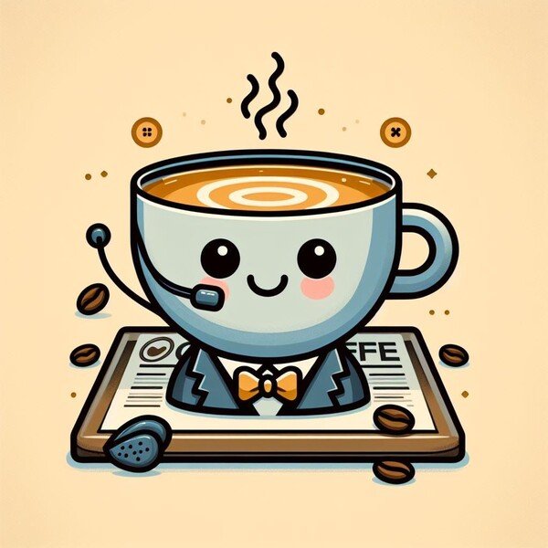 DALL-E illustration of a cup of coffee wearing a suit and headset. It’s a customer retention cup of coffee. 