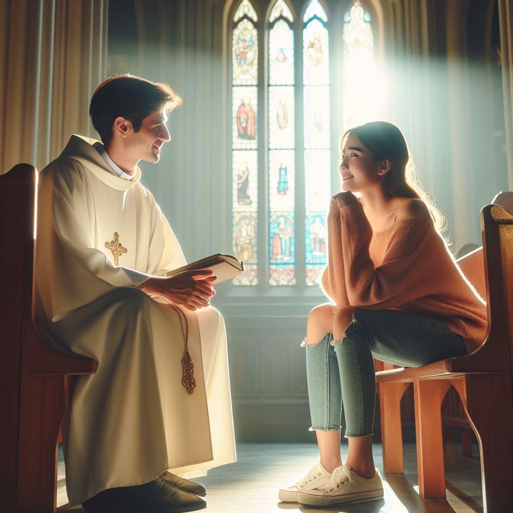 DALL-E picture from this prompt. can you make me a picture of a blogger in confession asking for forgiveness? It drew a church with a five fingered priest listening to a young lady with torn jeans.