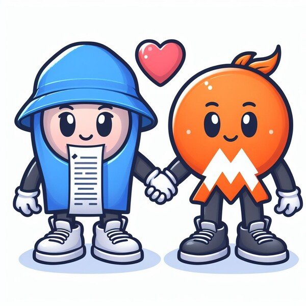 DALL-E image created from this prompt. Can you create an image of two cartoon characters. One represnets Markdown and the other AsciiDocs, they're friends. Maybe holding hands? Two cute characters are holding hands, one with a HTML like doc in front of them, the other has an M on their chest. A love heart is between them.