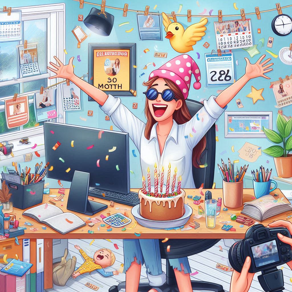 DALL-E image created with this prompt: a blogger celebrating posting every day for a whole month. It drew a woman wearing shades, with a disfigured doll on the floor. They are sat in front of a computer with a birthday cake. I think they're happy. 