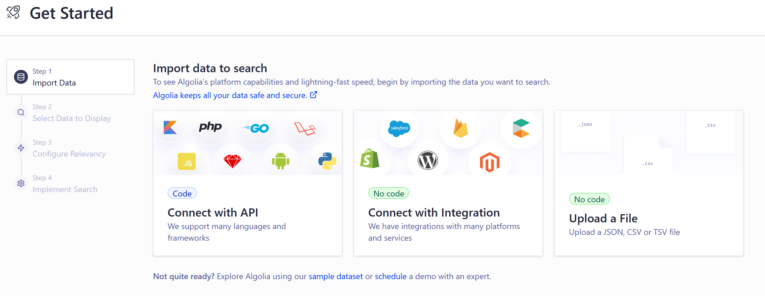 A screenshot of the Get Started screen in Algolia search. 
