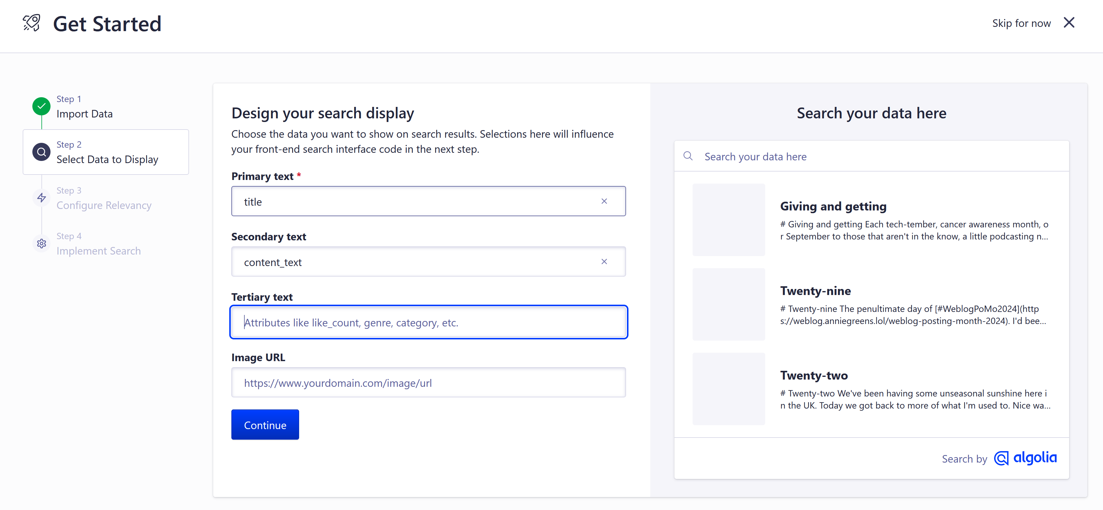 A screenshot of the next Algolia step. Design your search display. 