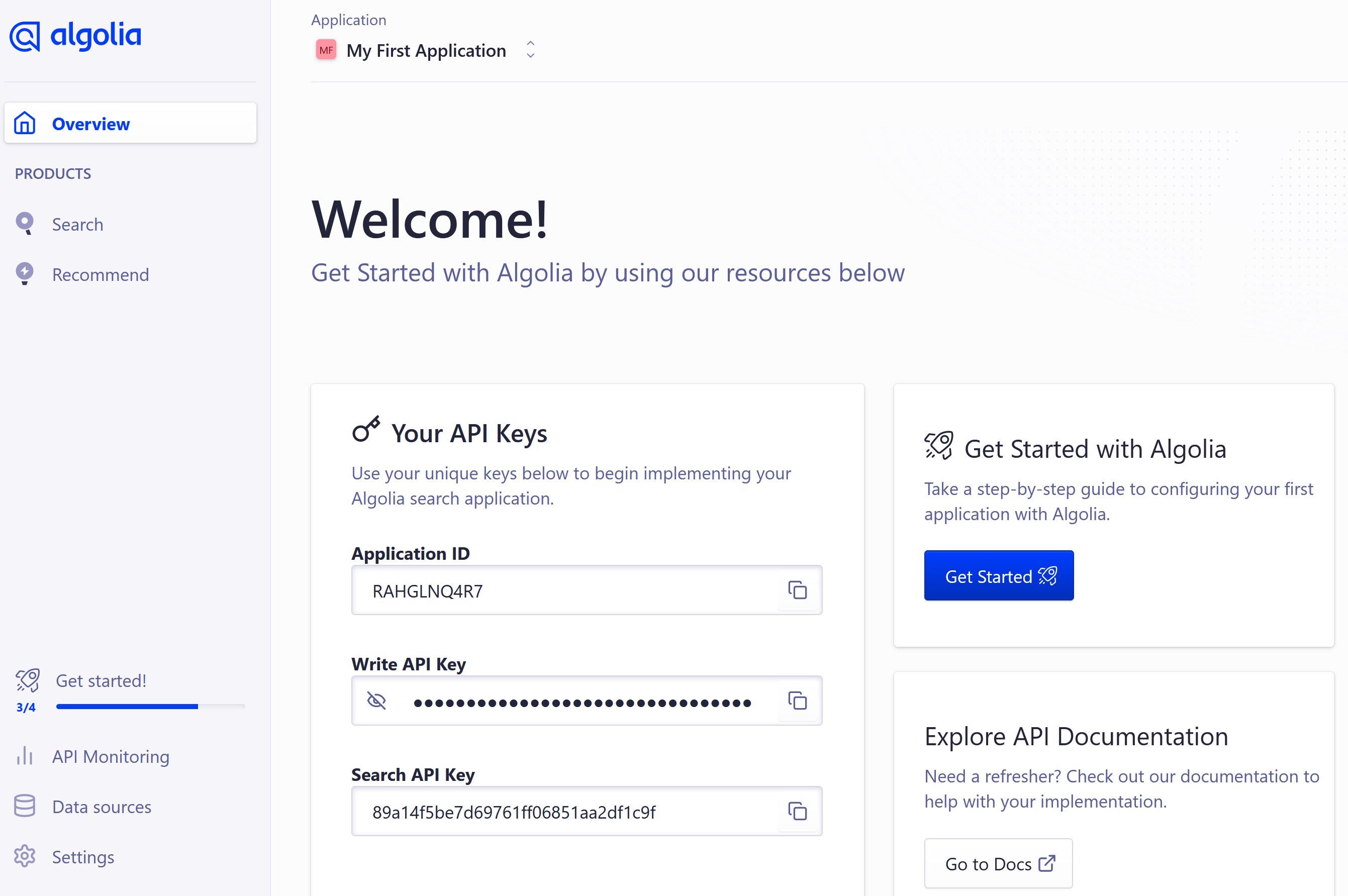 A screenshot of the Algolia welcome screen. Showing the App ID and API keys.