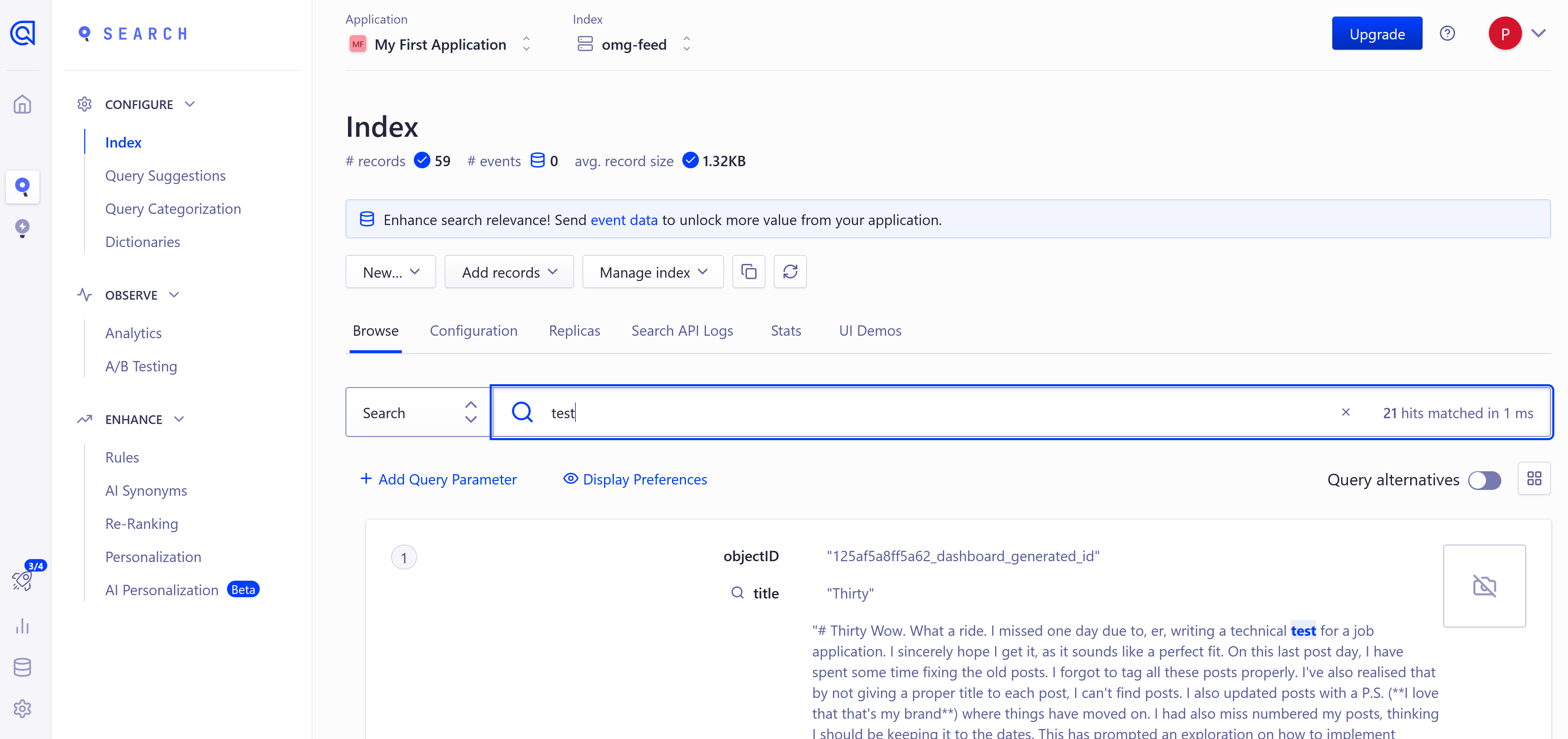 A screenshot of the search index testing screen.