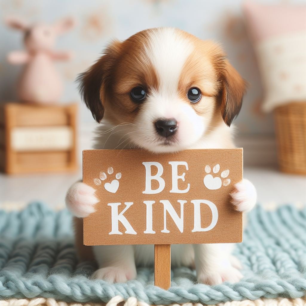 A cute image of a puppy holding a sign. On the sign is written in uppercase: BE KIND