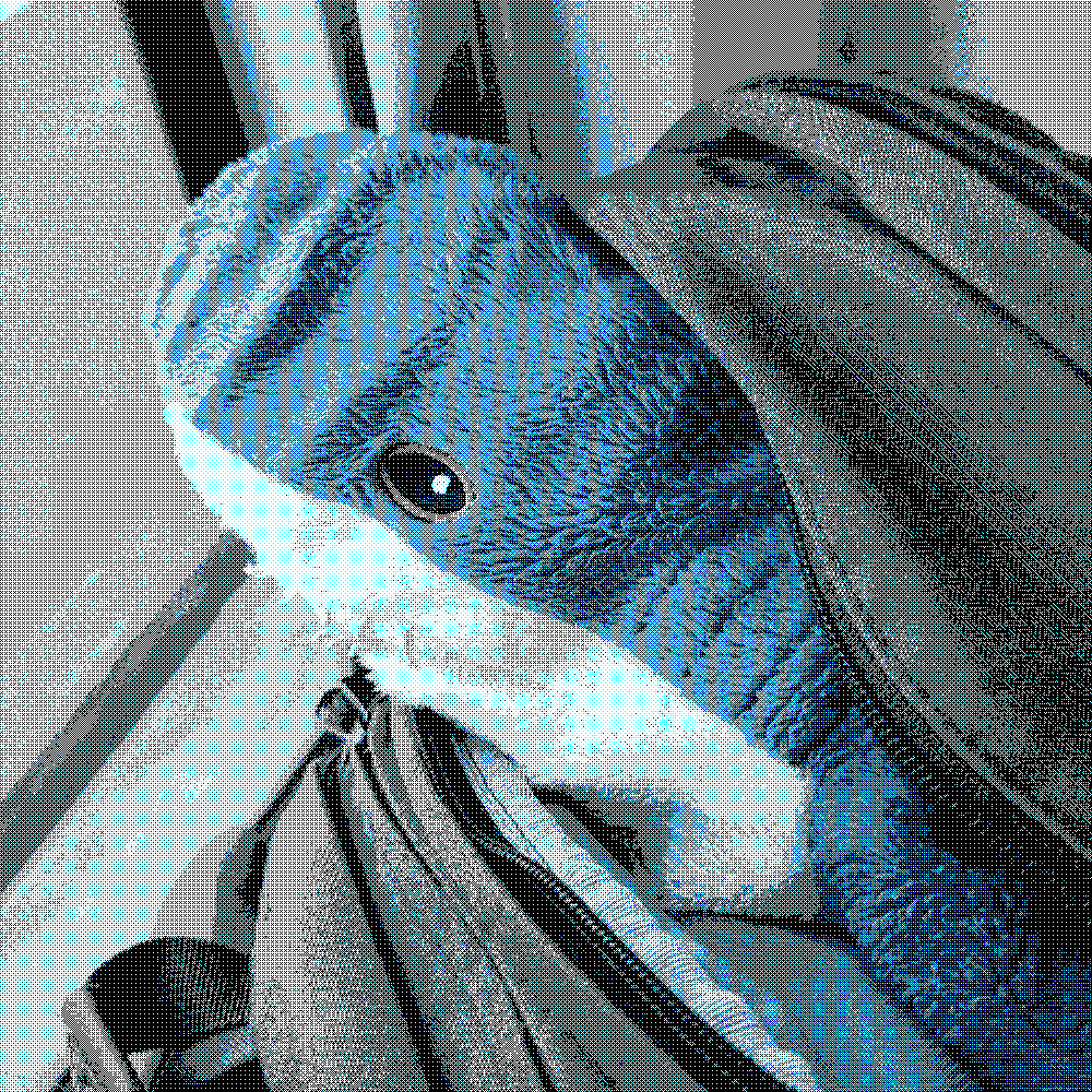 Dithered photo of a Blåhaj IKEA plushie (a blue shark with brown eyes) poking out of a brown backpack.