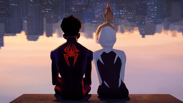 A scene from Across the Spider-Verse with Mile Morales and Gwen Stacy sitting upside  viewing New York City.