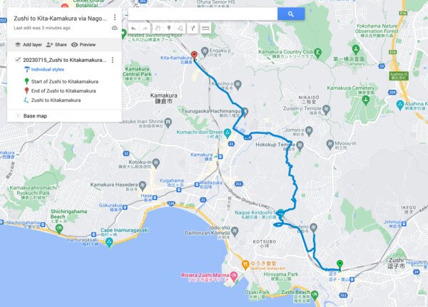 Map of Hike from JR Zushi through Nagoe Kiridoshi to Kamakura and on to Kita-Kamakura