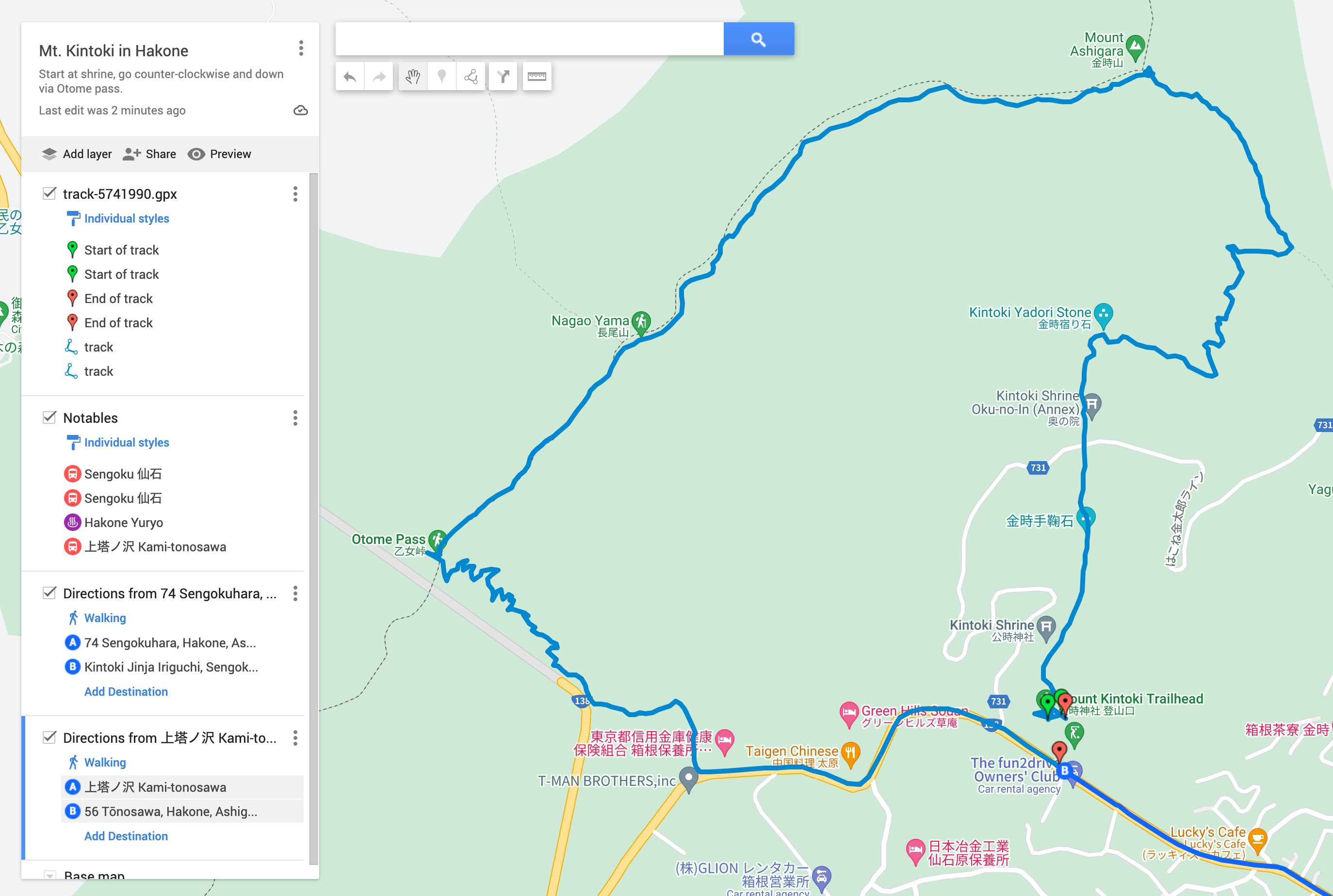 Mt. Kintoki counter-clockwise hiking route from Shrine trailhead