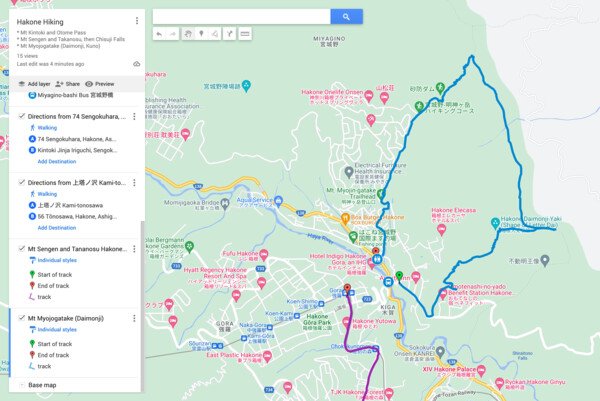 Hakone hiking route map up to Mt. Myojogatake