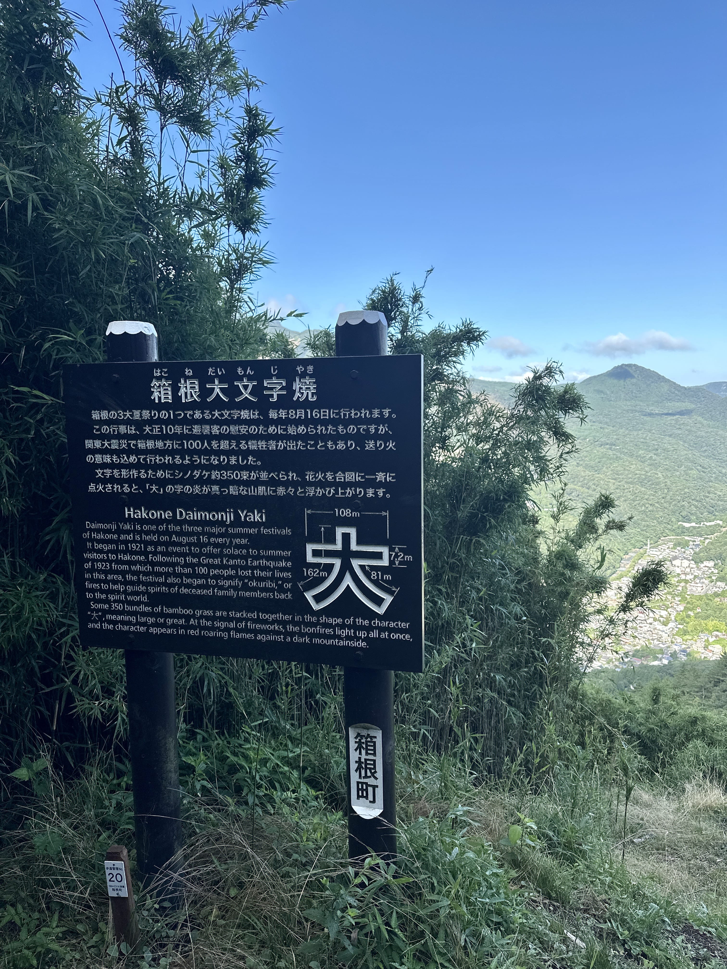 Placard at the cleared out "dai" kanji character, that gets lit up during the o-bon festival