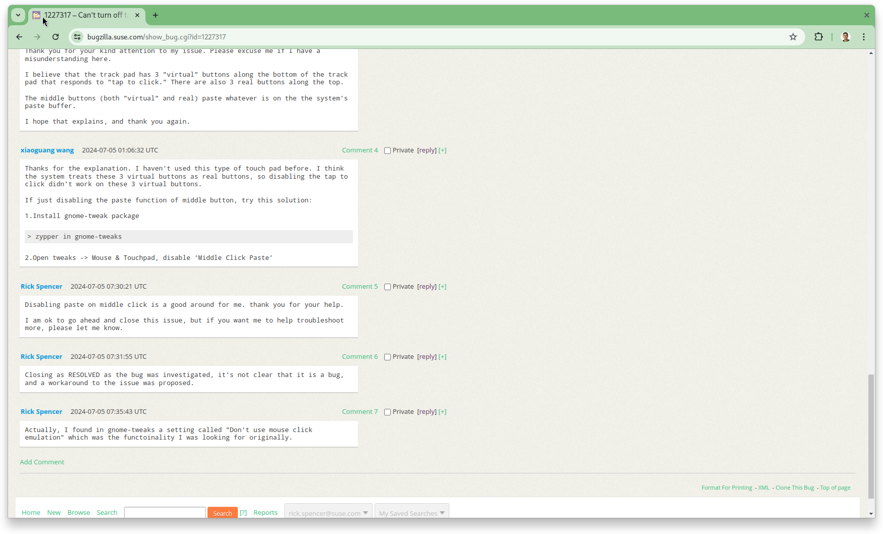 Bottom of bug report page showing conversation and comments