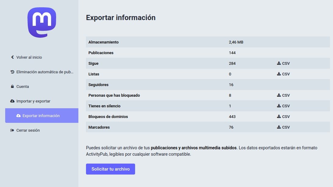 Captura de la página para exportar datos de Mastodon