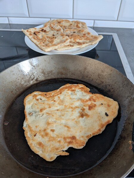 I made flatbread from just greek yoghurt and flour - shown here being fried in a pan
