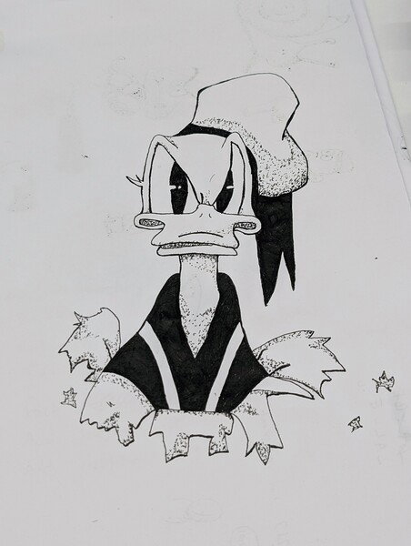 A pen drawing of Donald Duck. I can't find the original artist to attribute it to. I drew this over a few days at work when I needed a break. Donald is making a grumpy face, while sharing to burst through the page.