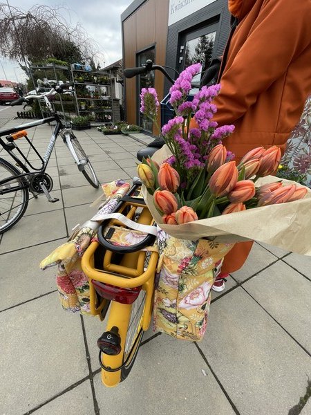 Back of city bike with colorful bags attached to the trunk and flowers inside 💐 
