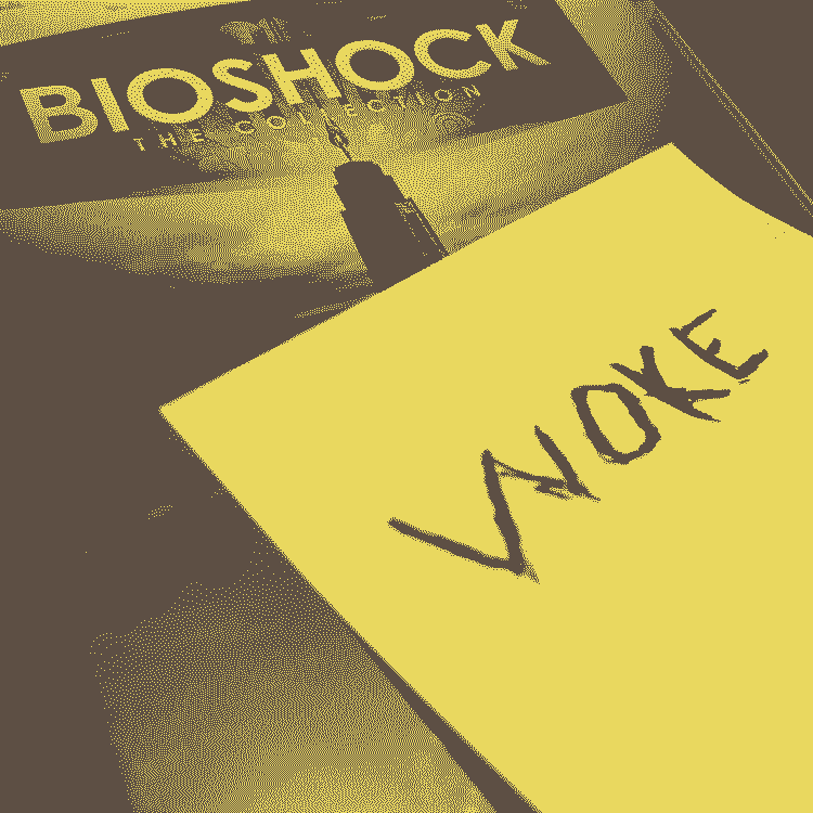A photo dithered in yellow of a physical copy of the video game