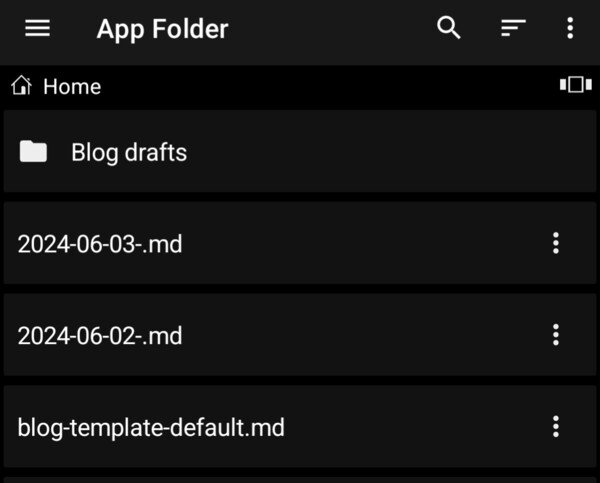 Screenshot of the Zettel Notes app on Android. Shows the main 'App Folder' directory listing where I keep my blog drafts and templates.