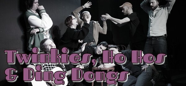 8 people striking funny poses with text that says »Twinkies, Ho Hos & Ding Dongs«
