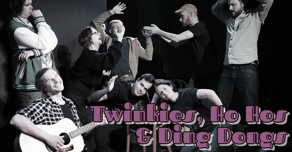 8 people striking funny poses with Text that says »Twinkies, Ho Hos & Ding Dongs«