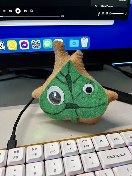 Yahaha! You found me! A Korok plush toy sat on my desk in front of my monitor and behind my keyboard. He has a green leaf face and is a stumpy korok not a tall one.