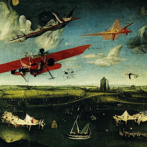 Planes flying over a landscape, by Hyeronymus Bosch, oil painting