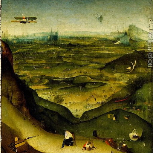 A man piloting a plane over a landscape, by Hyeronymus Bosch, oil painting
