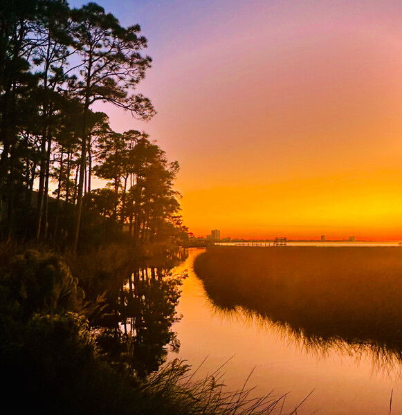 A soft colorful sunset over Little Lagoon in Gulf Shores, Alabama. Trees stand to the left, waterway center, marsh grasses to the right.