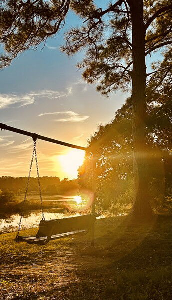 Sunset over the lake at a park, a swing sits in the foreground, empty, waiting for a couple to share it. 