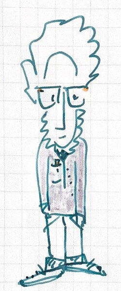 Hand drawing of a person with curly hair, glasses, and a short beard wearing a grey shirt and jeans. A pen is sticking out of the shirt pocket.